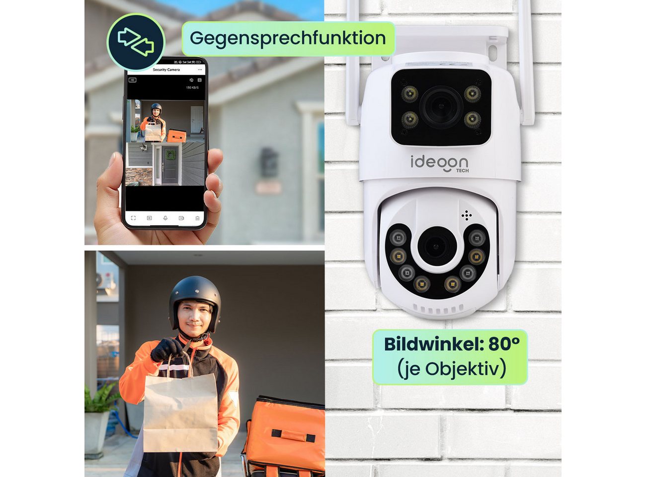 shop'n smile ideoon IP-Überwachungskamera Leistungsstarke Dual Lens Outdoor Überwachungskamera 355° Nachtsicht (Außenbereich, 1-tlg., IP66, Full HD, 355°/90° Schwenk, 3.6mm Objektiv, 80°, 15,96 dBm) Bild 5