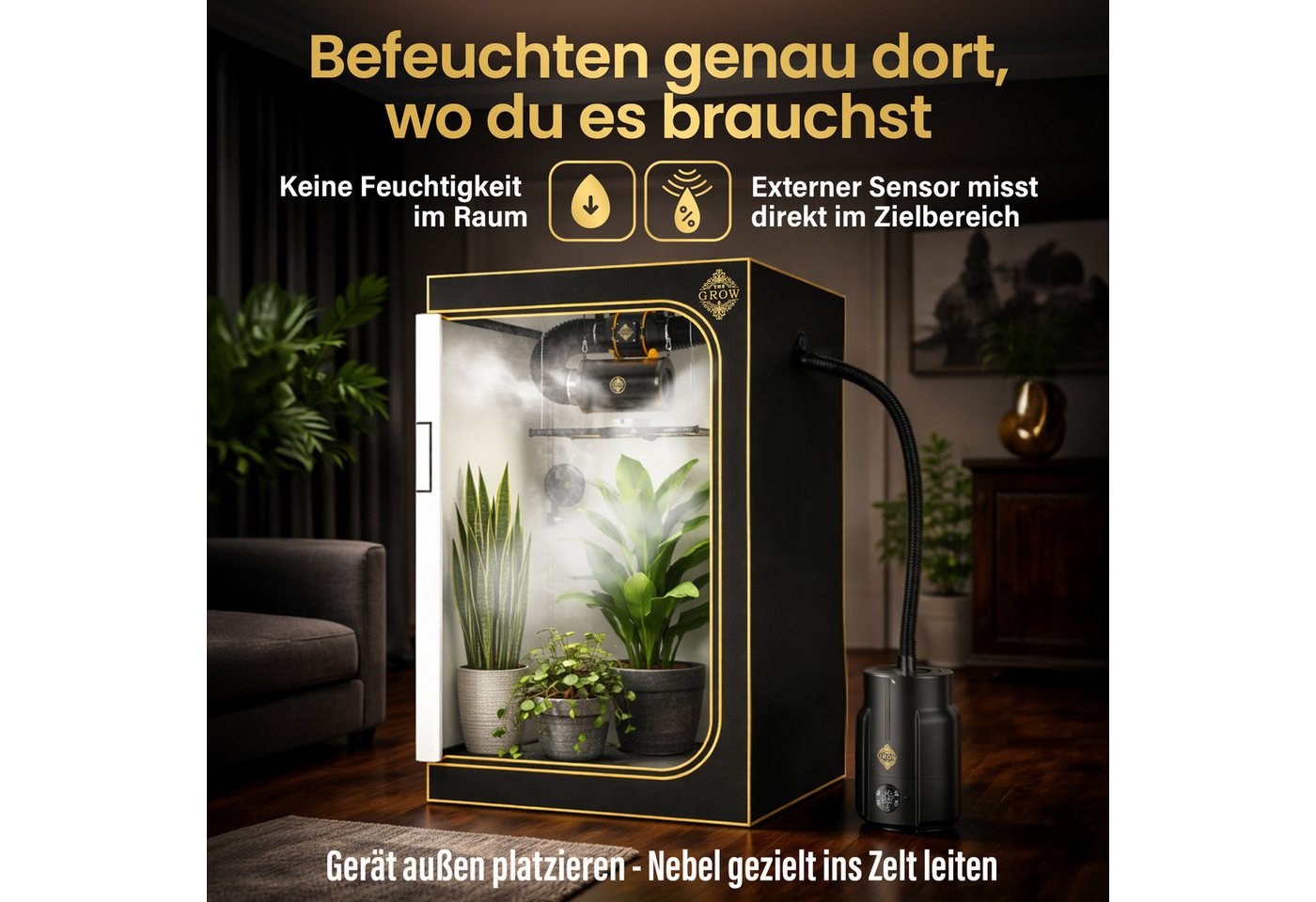 THE GROW Luftbefeuchter Nebel PRO 6L Ultraschall mit Sensor und Schlauch, 6 l Wassertank, Hygrostat, externer Sensor, Schlauch, Timer, Top-Fill, Auto-Stopp