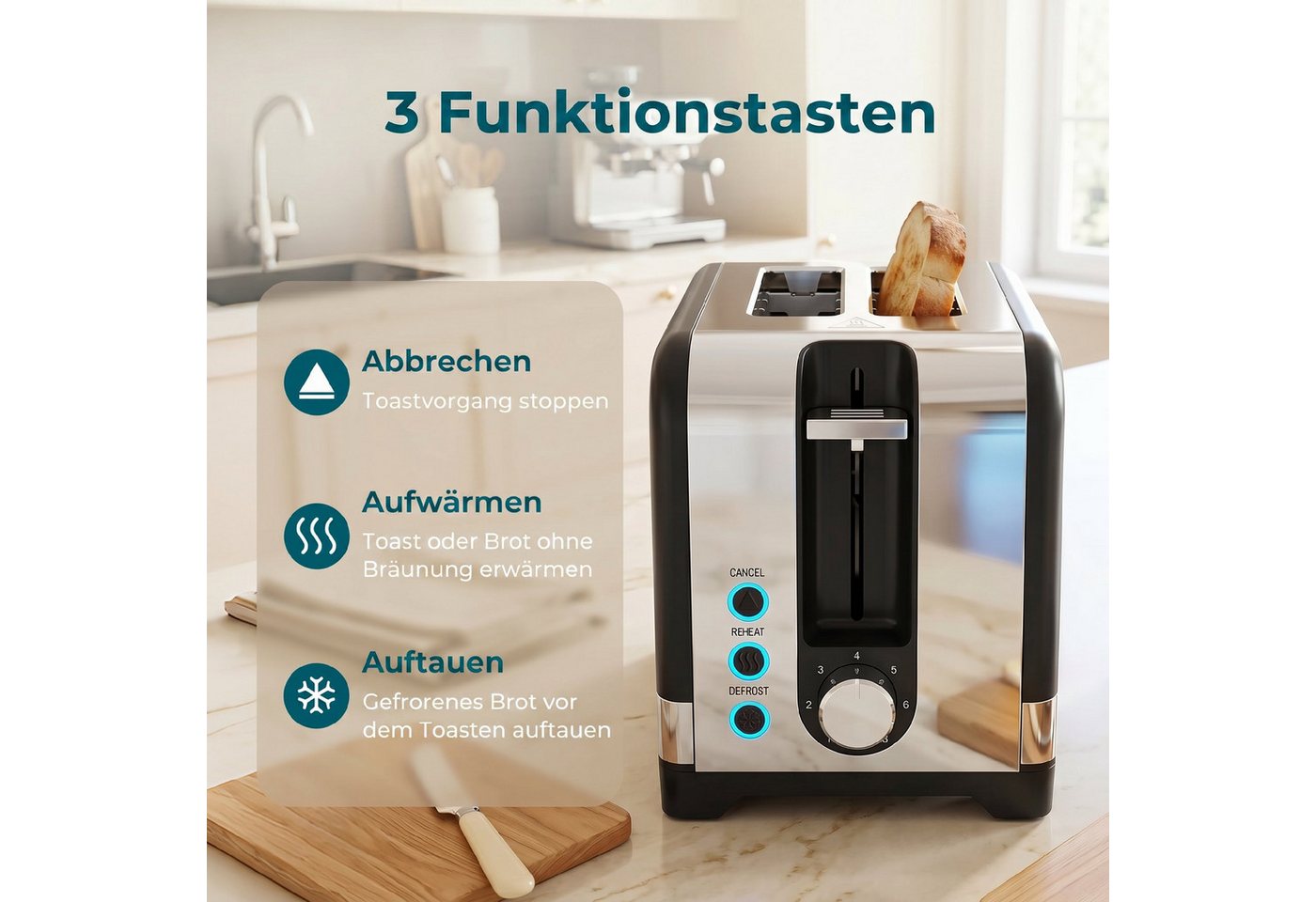 HOMCOM Toaster 7 Bräunungsstufen, Aufwärmen, Abbruch, Krümelschublade, 2 Schlitze, für 2 Scheiben, 930 W, abnehmbarer Brötchenaufsatz, Auftaufunktion, Brotzentrierung, AutoOff Bild 2