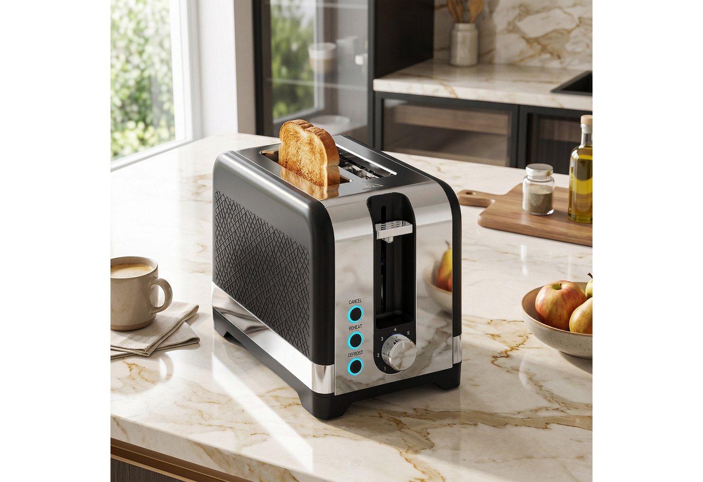 HOMCOM Toaster 7 Bräunungsstufen, Aufwärmen, Abbruch, Krümelschublade, 2 Schlitze, für 2 Scheiben, 930 W, abnehmbarer Brötchenaufsatz, Auftaufunktion, Brotzentrierung, AutoOff Bild 3