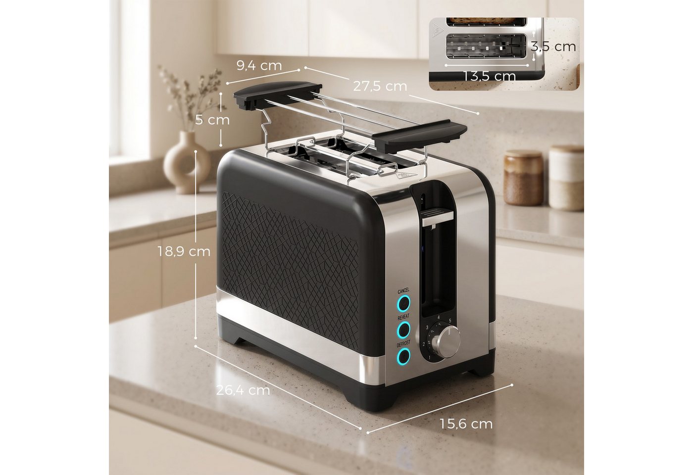 HOMCOM Toaster 7 Bräunungsstufen, Aufwärmen, Abbruch, Krümelschublade, 2 Schlitze, für 2 Scheiben, 930 W, abnehmbarer Brötchenaufsatz, Auftaufunktion, Brotzentrierung, AutoOff Bild 5