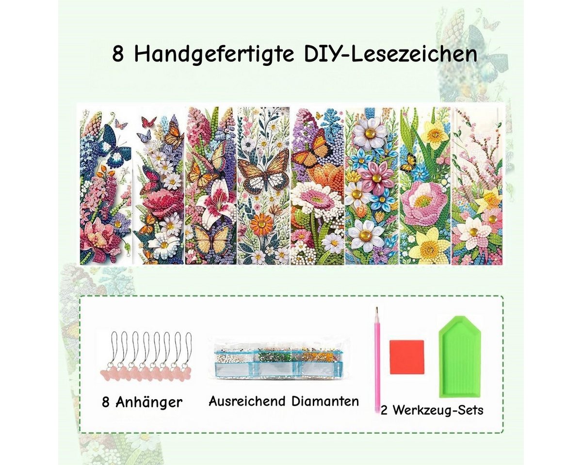 Zaewry Lesezeichen 8 Stück 5D-Diamant-Kunst-Lesezeichen für Leseliebhaber, mit Quasten, Geschenk für Abschlussfeier, Geburtstag, Blume