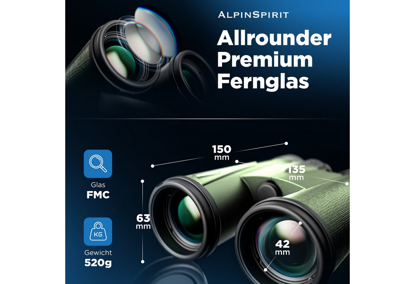 AlpinSpirit Fernglas 8x42 inkl. Tasche & Zubehör (Testsieger) – für Brillenträger Fernglas (8x42, Ideal für Sport, Reise, Freizeit - FMC & BAK4) Bild 3