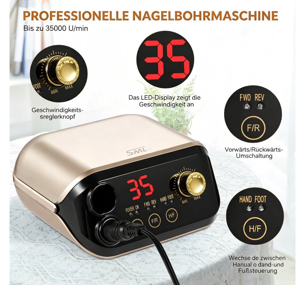 ibettertec Maniküre-Pediküre-Set Elektrische Nagelfräser 35000 RPM, Nagelfeile Profi Nagelstudio Maniküre Pediküre Fräser Set, mit Fußpedal für Gel Acryl UV Gel Kunstnägel Bild 4