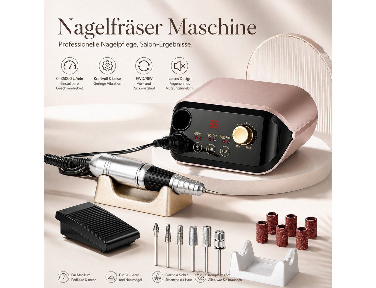 ibettertec Maniküre-Pediküre-Set Elektrische Nagelfräser 35000 RPM, Nagelfeile Profi Nagelstudio Maniküre Pediküre Fräser Set, mit Fußpedal für Gel Acryl UV Gel Kunstnägel Bild 5
