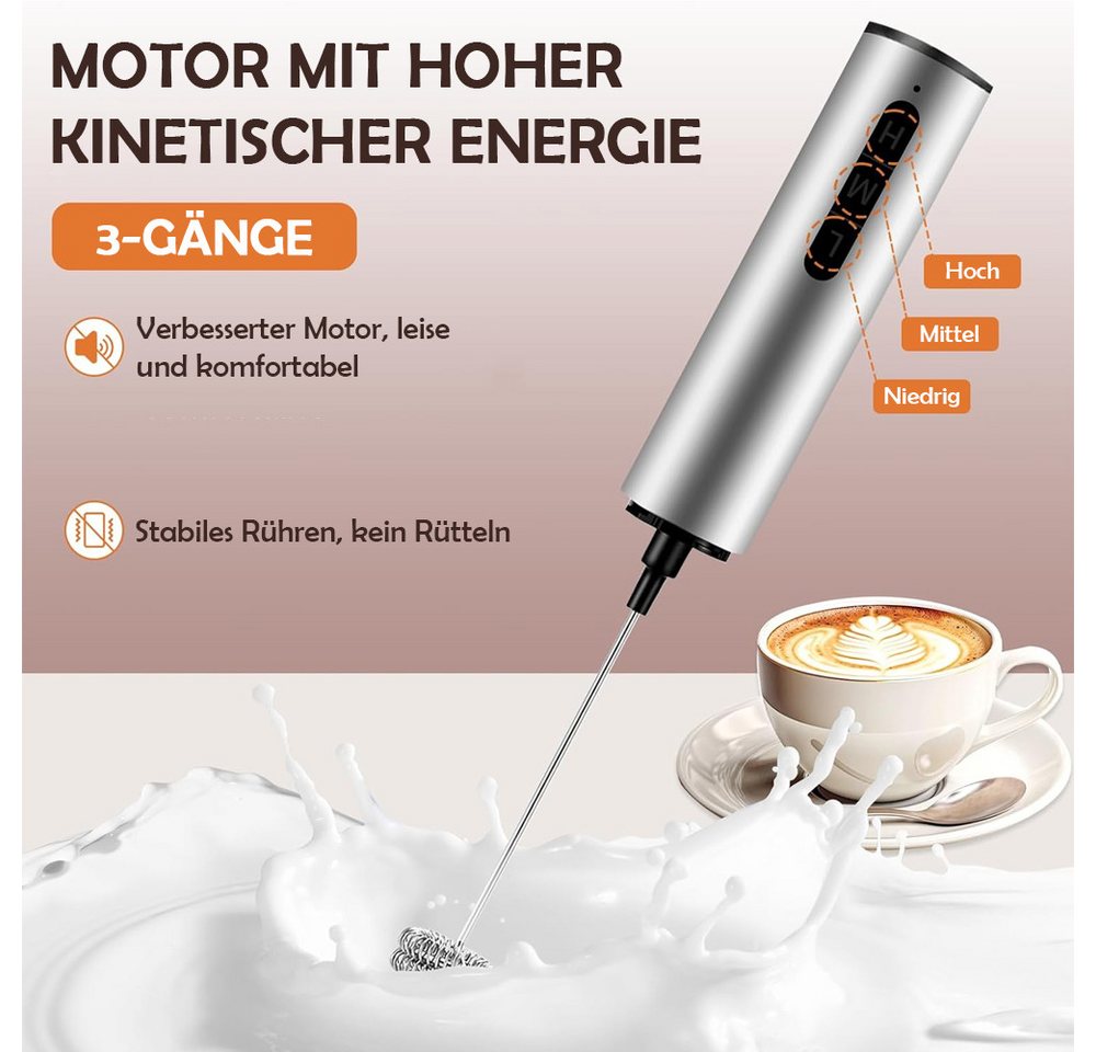 TUWENA Milchaufschäumer Milchaufschäumer Elektrisch USB-C, 3 Geschwindigkeiten und 5 Aufsätzen, Handmilchschäumer Edelstahl für Kaffee Latte CappuccinoMatchaSahneEier