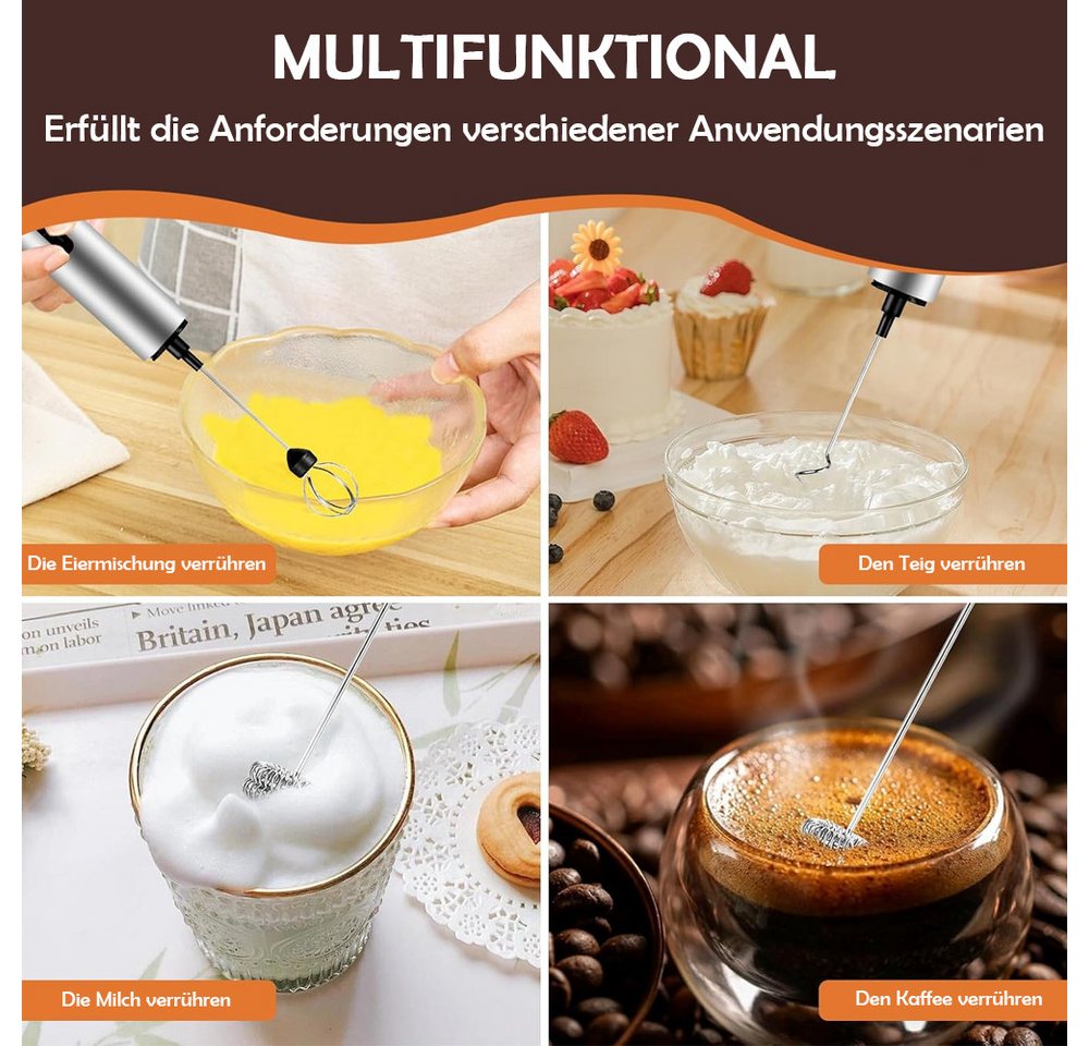 TUWENA Milchaufschäumer Milchaufschäumer Elektrisch USB-C, 3 Geschwindigkeiten und 5 Aufsätzen, Handmilchschäumer Edelstahl für Kaffee Latte CappuccinoMatchaSahneEier Bild 2