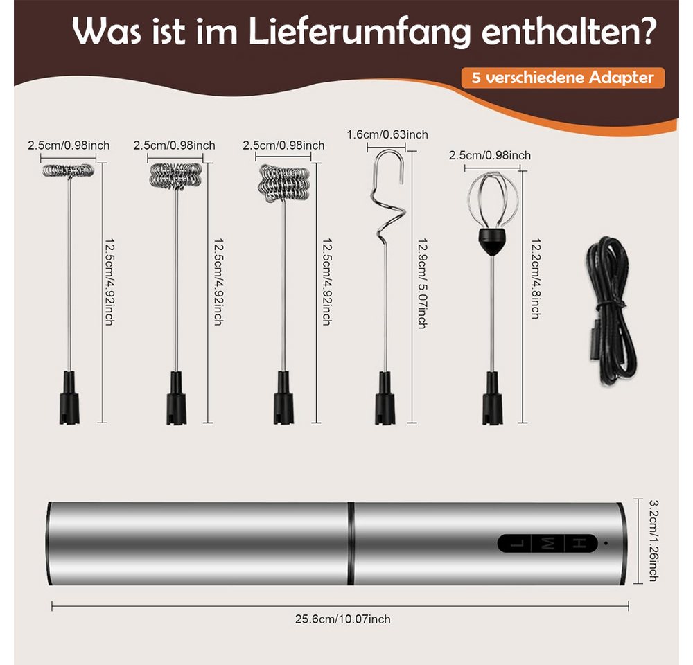 TUWENA Milchaufschäumer Milchaufschäumer Elektrisch USB-C, 3 Geschwindigkeiten und 5 Aufsätzen, Handmilchschäumer Edelstahl für Kaffee Latte CappuccinoMatchaSahneEier Bild 3