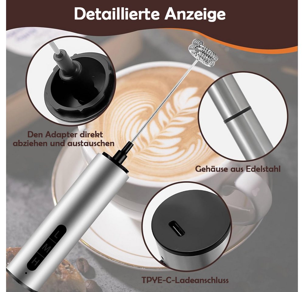 TUWENA Milchaufschäumer Milchaufschäumer Elektrisch USB-C, 3 Geschwindigkeiten und 5 Aufsätzen, Handmilchschäumer Edelstahl für Kaffee Latte CappuccinoMatchaSahneEier Bild 4