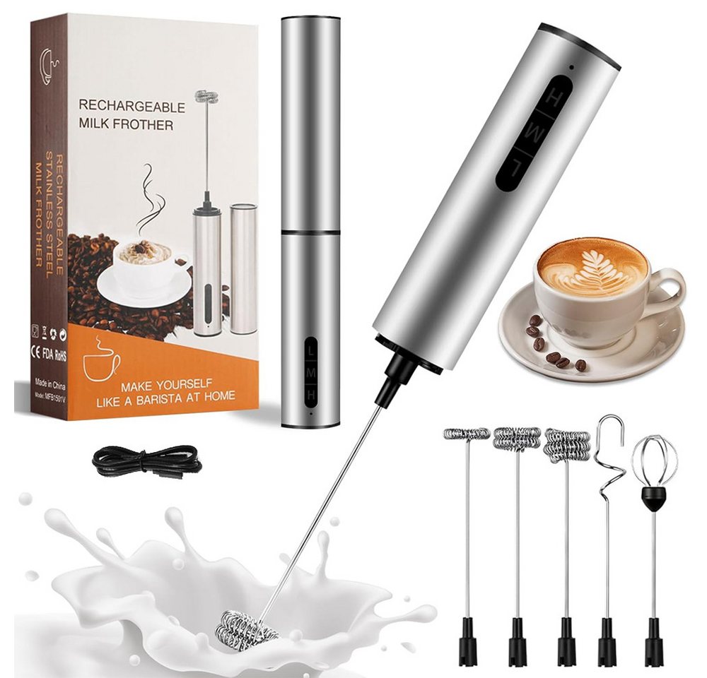 TUWENA Milchaufschäumer Milchaufschäumer Elektrisch USB-C, 3 Geschwindigkeiten und 5 Aufsätzen, Handmilchschäumer Edelstahl für Kaffee Latte CappuccinoMatchaSahneEier Bild 5