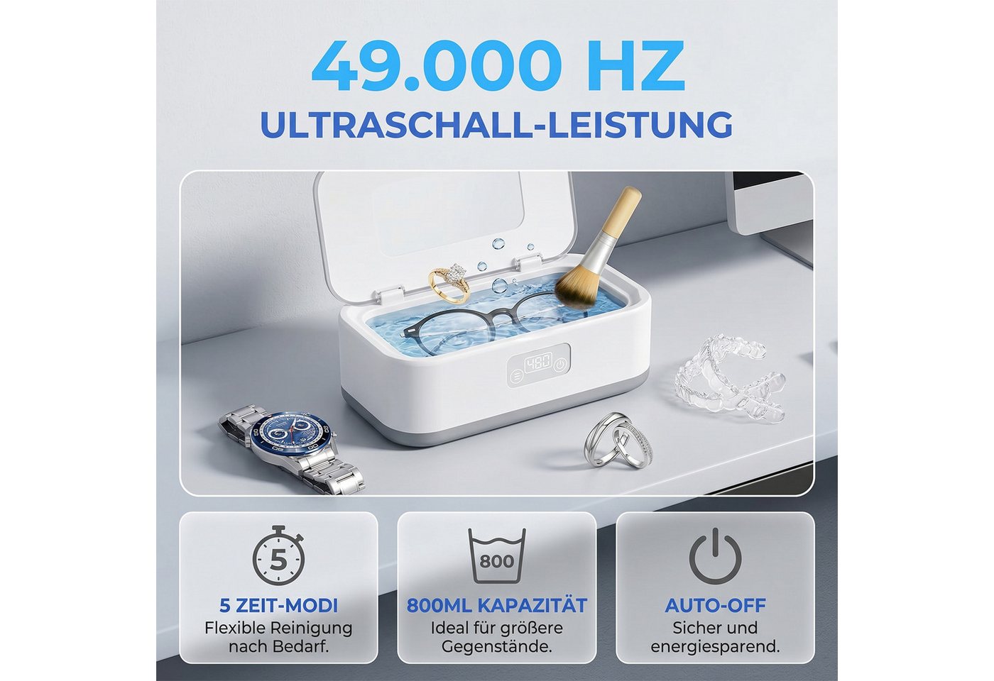 AKKEE Ultraschallreiniger 49 kHz Ultraschallreinigungsgerät 800ml Mit 5 Modi, Brillenreinigungsgerät Bild 5