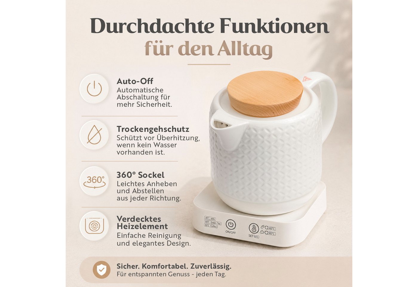 KVOTA Wasserkocher 1L Keramik 40/60/90°C Warmhalten, Holzdeckel 360° Sockel Auto-Off weiß, 1 l, 1000 W, Verdecktes Heizelement, Signalton, Kabelaufbewahrung, Holzoptik
