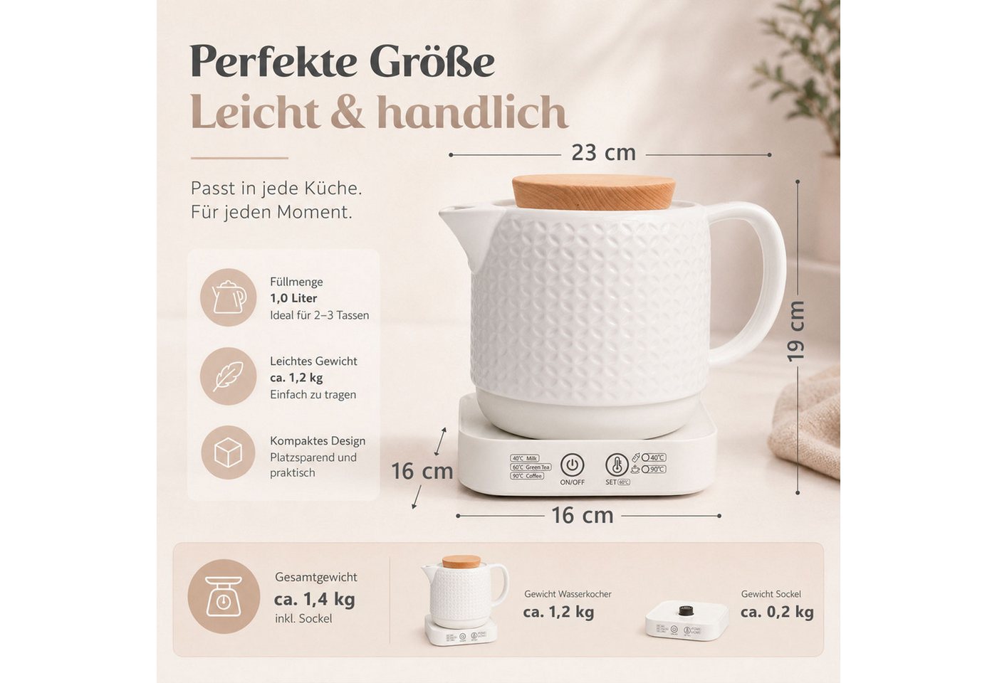 KVOTA Wasserkocher 1L Keramik 40/60/90°C Warmhalten, Holzdeckel 360° Sockel Auto-Off weiß, 1 l, 1000 W, Verdecktes Heizelement, Signalton, Kabelaufbewahrung, Holzoptik Bild 2
