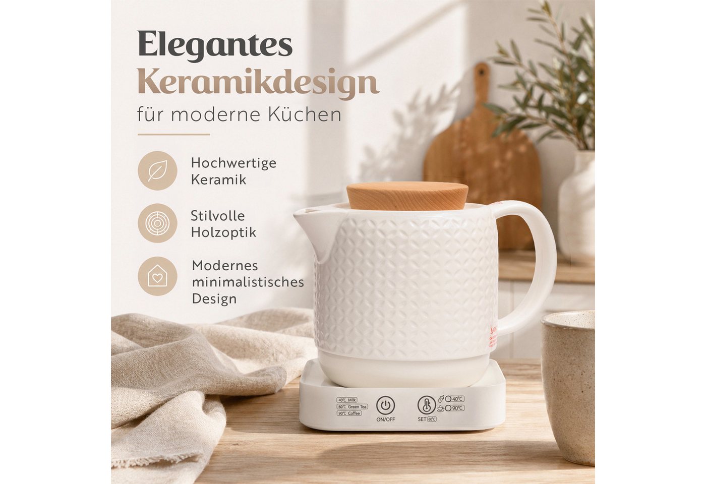 KVOTA Wasserkocher 1L Keramik 40/60/90°C Warmhalten, Holzdeckel 360° Sockel Auto-Off weiß, 1 l, 1000 W, Verdecktes Heizelement, Signalton, Kabelaufbewahrung, Holzoptik Bild 3