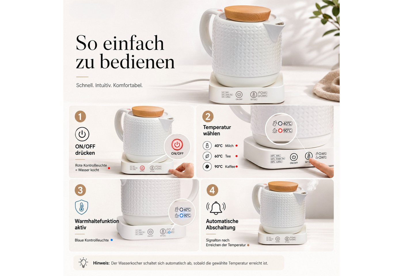KVOTA Wasserkocher 1L Keramik 40/60/90°C Warmhalten, Holzdeckel 360° Sockel Auto-Off weiß, 1 l, 1000 W, Verdecktes Heizelement, Signalton, Kabelaufbewahrung, Holzoptik Bild 5
