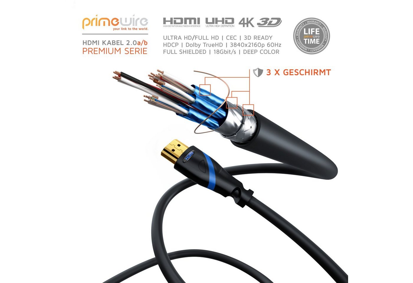 Primewire HDMI-Kabel, 2.0b, HDMI Typ A (300 cm), Ultra HD Highspeed 4K 60Hz, Full HD, 3D, ARC, 18 GBit/s - 3m Bild 3
