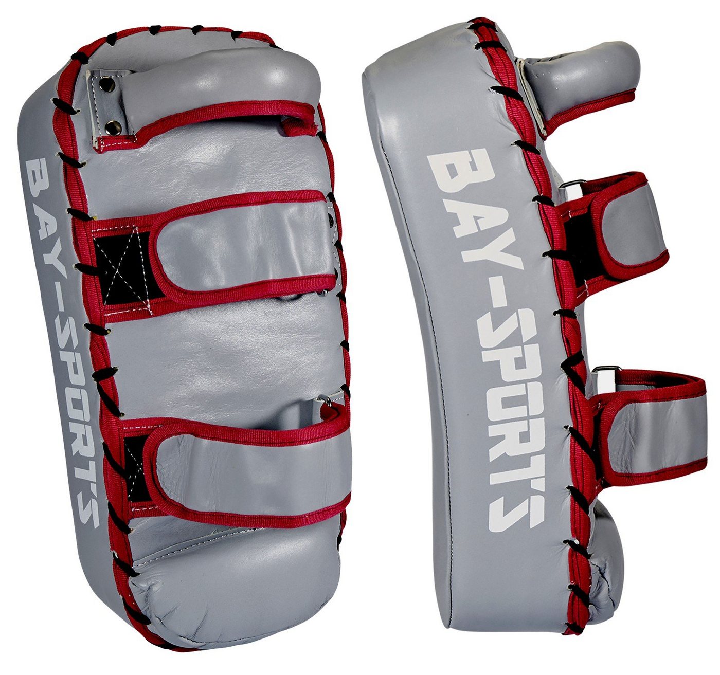 BAY-Sports Schlagpolster Leder Smart Thai Pad Schlagkissen Arm Mitt Pratzen Thaiboxen Kickboxen, Rinderleder, 35 cm, grau/weinrot Bild 4