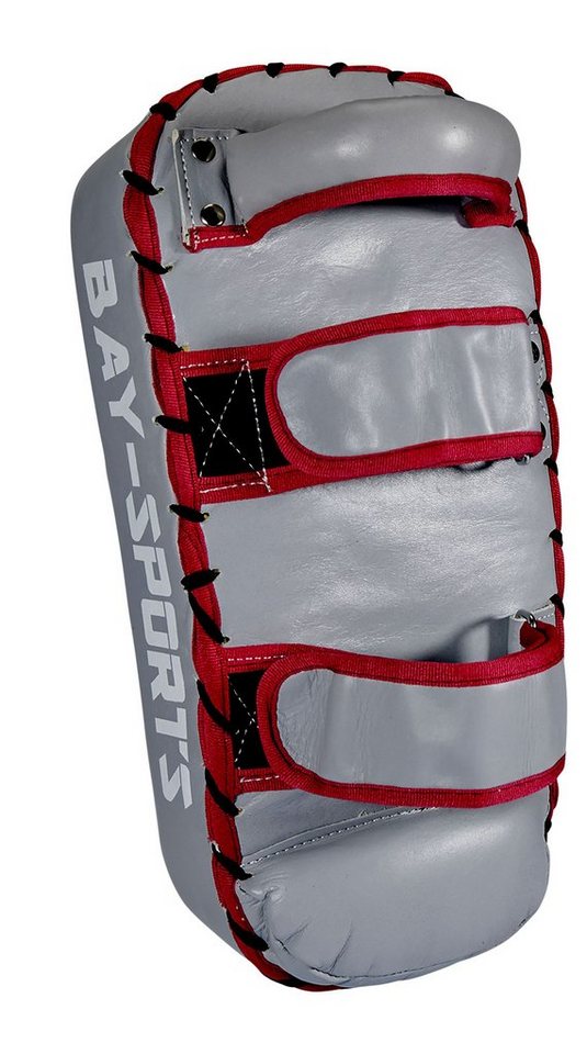 BAY-Sports Schlagpolster Leder Smart Thai Pad Schlagkissen Arm Mitt Pratzen Thaiboxen Kickboxen, Rinderleder, 35 cm, grau/weinrot Bild 5