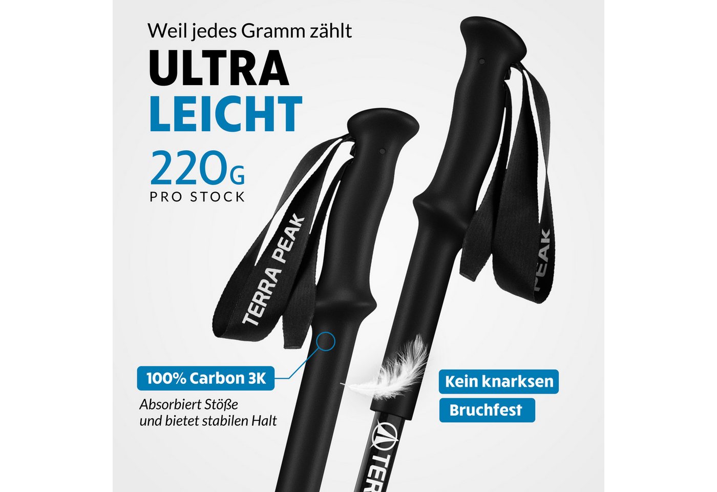 Terra Peak Wanderstöcke Explorer Pro 135 (inklusive Mikrofaserhandtuch und 4 zusätzliche Aufsätze), Ergonomische EVA-Griffe