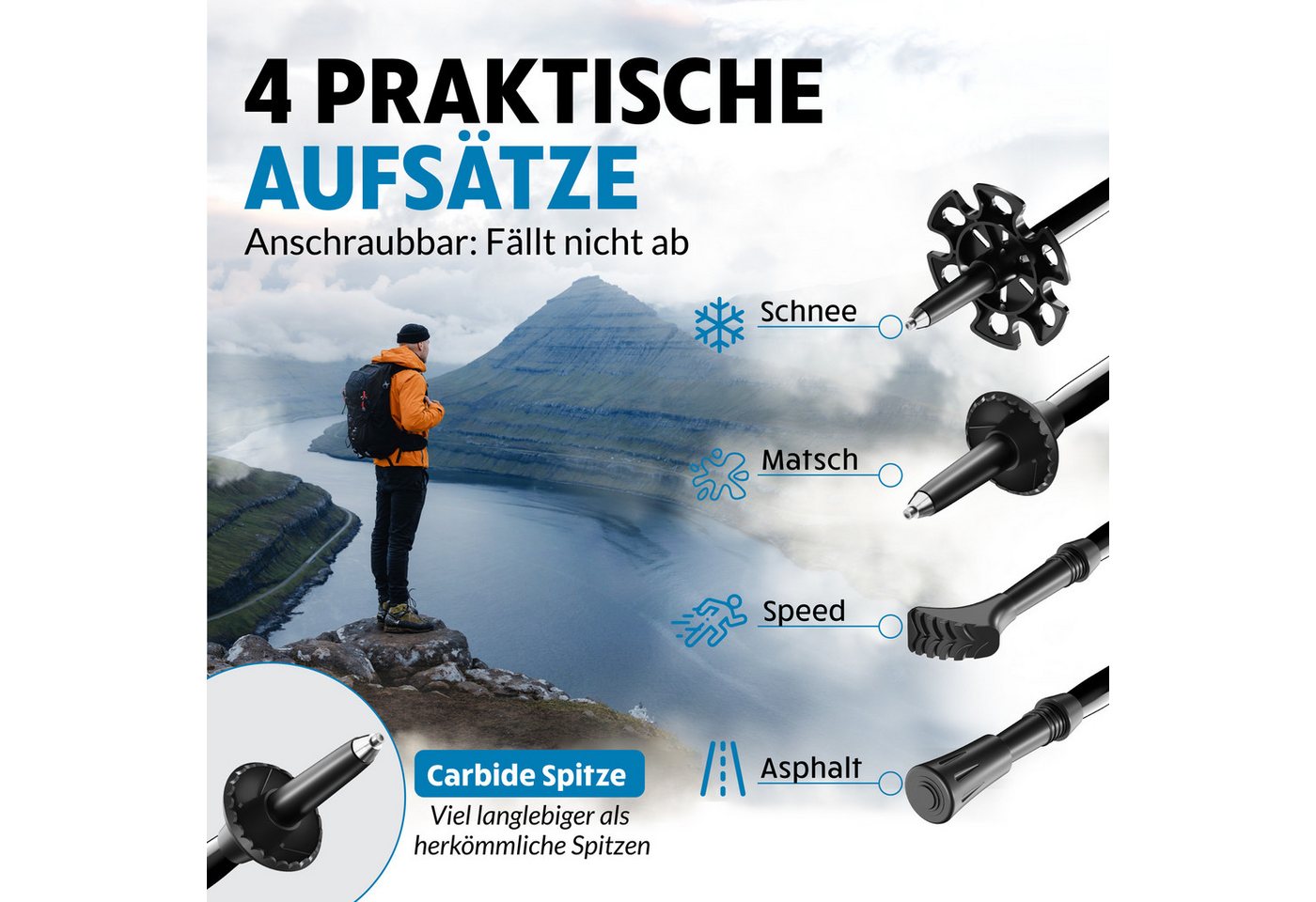 Terra Peak Wanderstöcke Explorer Pro 135 (inklusive Mikrofaserhandtuch und 4 zusätzliche Aufsätze), Ergonomische EVA-Griffe Bild 2