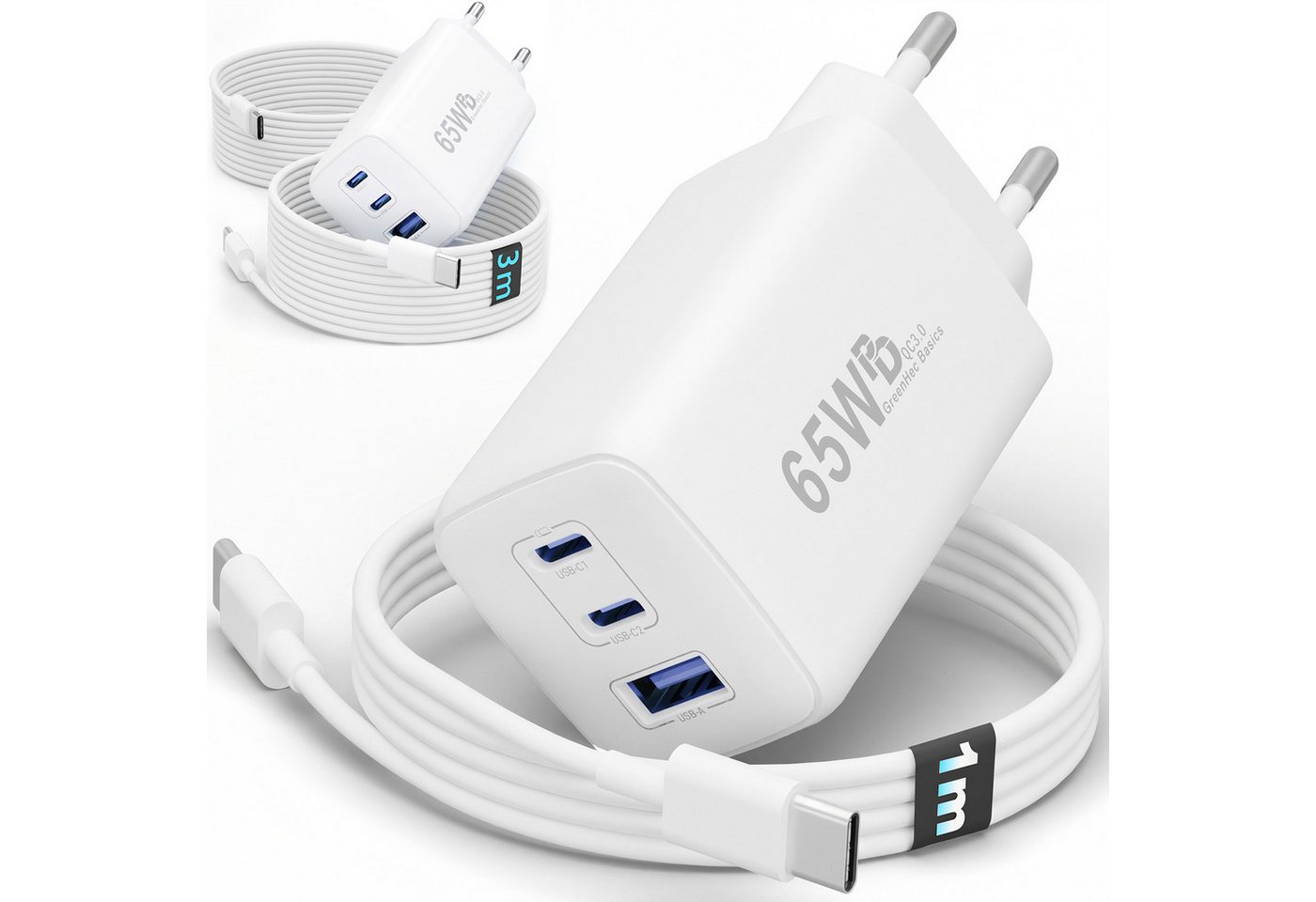 GreenHec 65w USB-C Ladegerät Mehrfach GAN Mehrfachstecker USB-A Charger Schnelllade-Gerät (50 mA, Spar-Set, Universelle Kompatibilität, 3 fach Netzteil Adapter Macbook quick charge Ladestation type c port) Bild 4