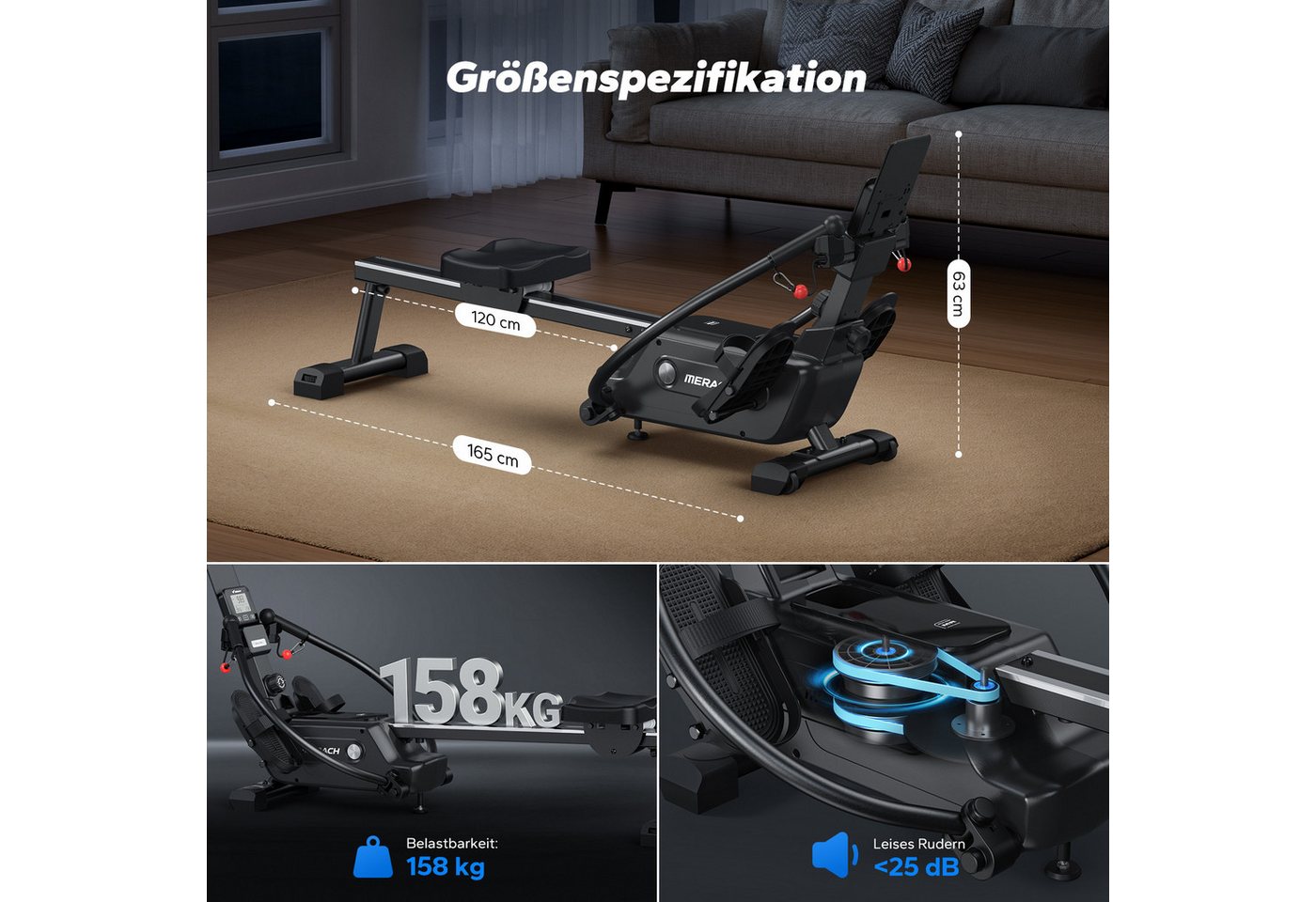 MERACH Rudergerät Magnet-Rudergerät, innovatives Doppel-Paddel für echtes Rudergefühl (16 Widerstandsstufen bis 36 kg, leise, LCD-Display, Tablet-Halter, mit Interaktiver APP und Kurse, Bluetooth, Kinomap Kompatibel), 7 adaptive Trainingsmodi, Ergonomischer Sitz, Echtes Rudererlebnis