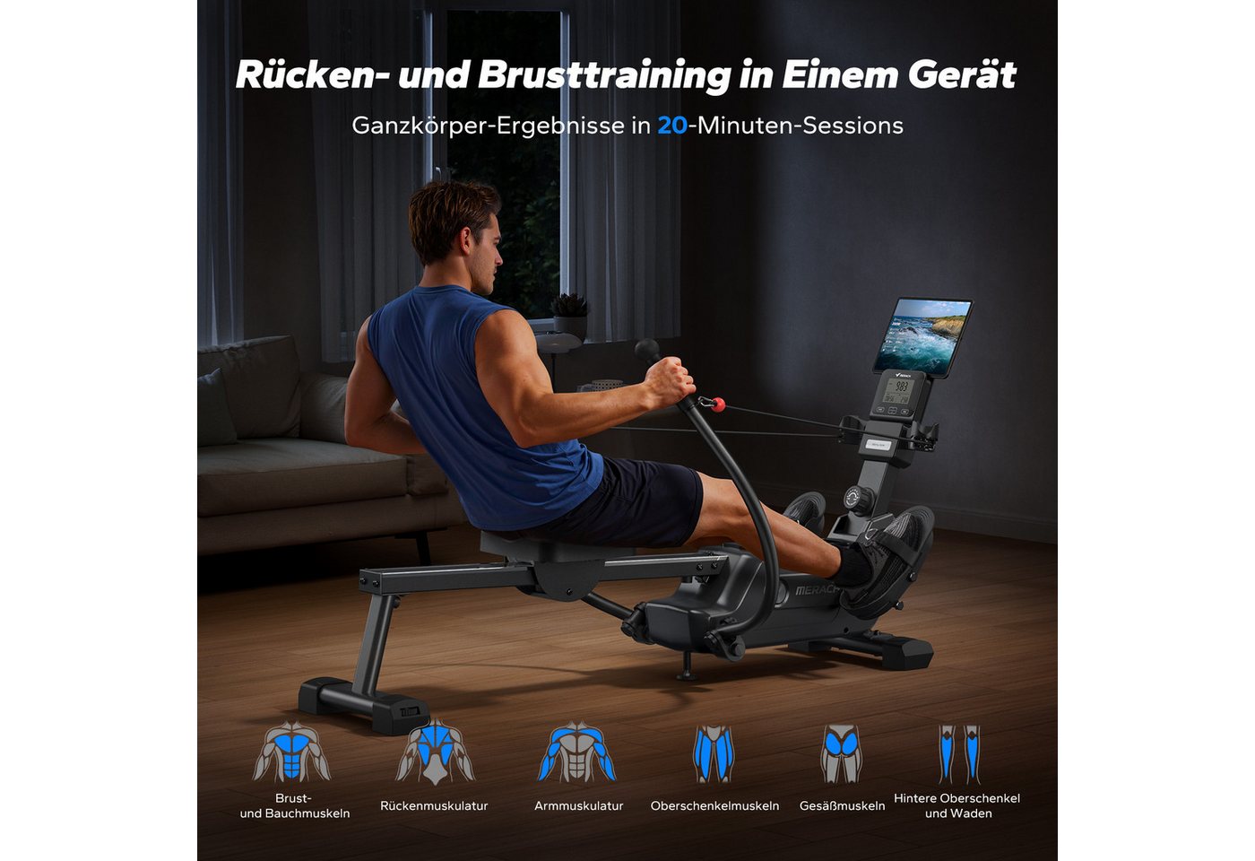 MERACH Rudergerät Magnet-Rudergerät, innovatives Doppel-Paddel für echtes Rudergefühl (16 Widerstandsstufen bis 36 kg, leise, LCD-Display, Tablet-Halter, mit Interaktiver APP und Kurse, Bluetooth, Kinomap Kompatibel), 7 adaptive Trainingsmodi, Ergonomischer Sitz, Echtes Rudererlebnis Bild 5