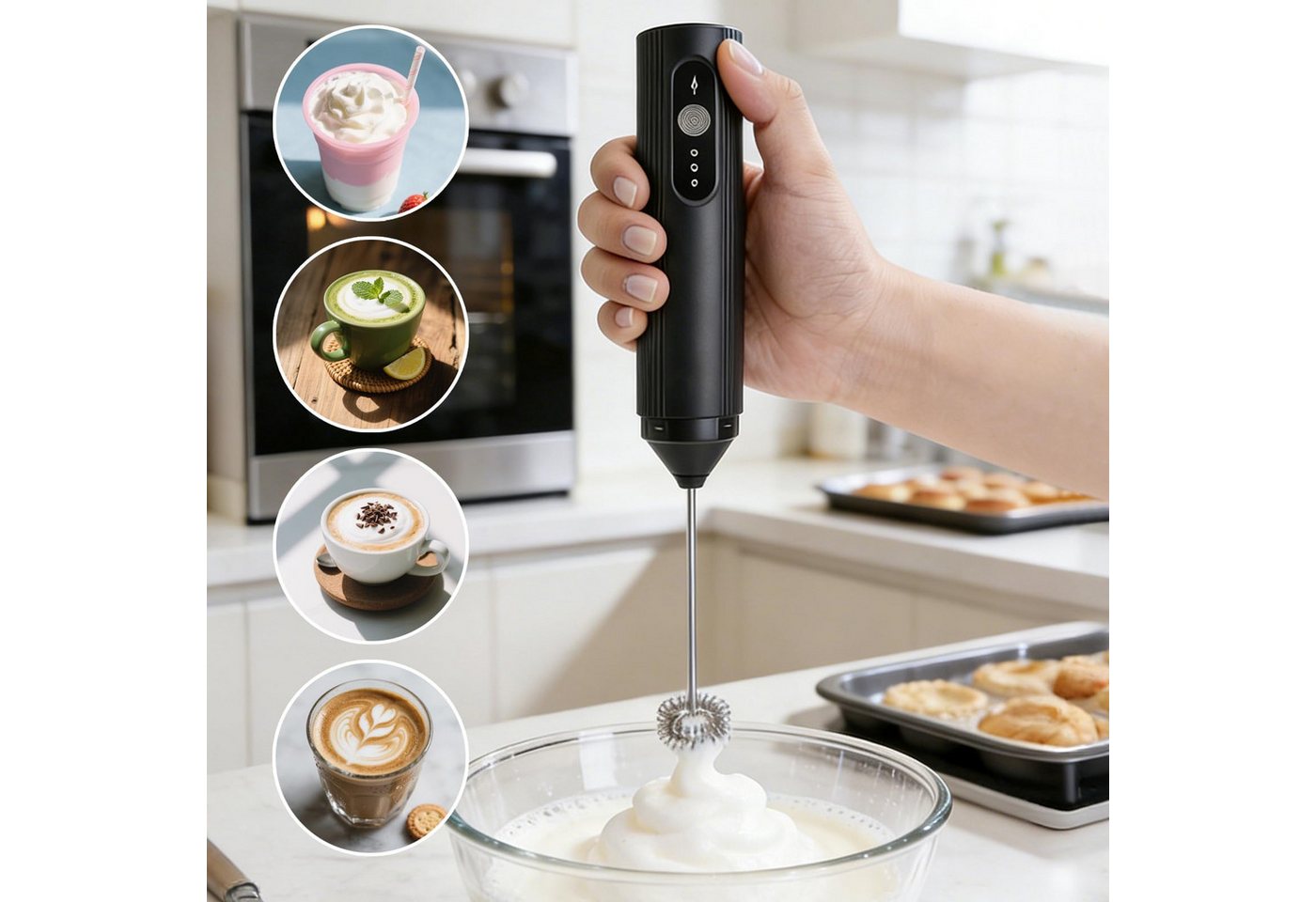 Forrlite Milchaufschäumer Milchaufschäumer Stab/Milchschäumer Elektrisch tragbarer mit Standfuß, Kaffeebesen batteriebetriebener für Latte, Matcha-Tee, Cappuccino Bild 2