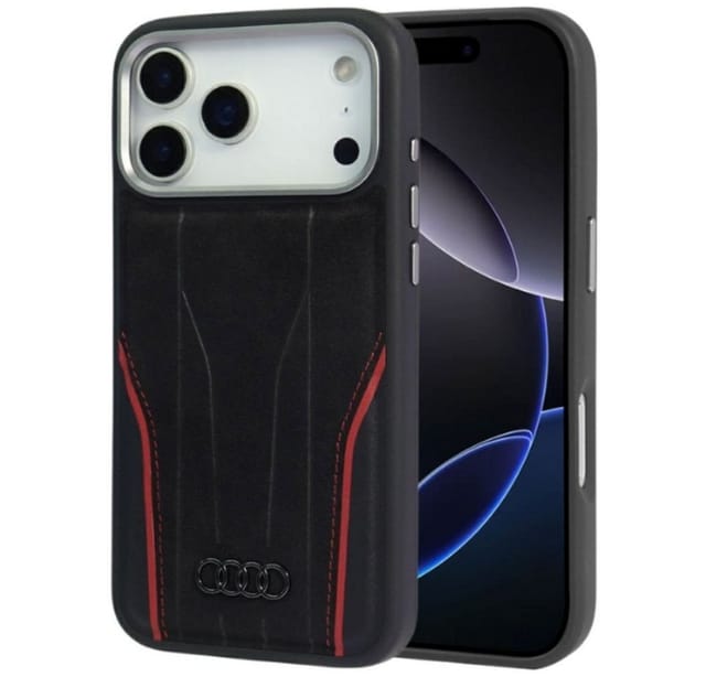 Audi Handyhülle iPhone 17 Pro Echtleder R8 MagSafe schwarz rot Logo Metall 6,3 Zoll, Kantenschutz