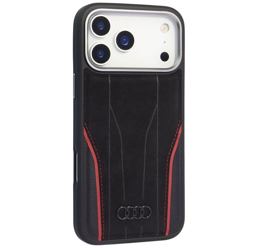 Audi Handyhülle iPhone 17 Pro Echtleder R8 MagSafe schwarz rot Logo Metall 6,3 Zoll, Kantenschutz Bild 3