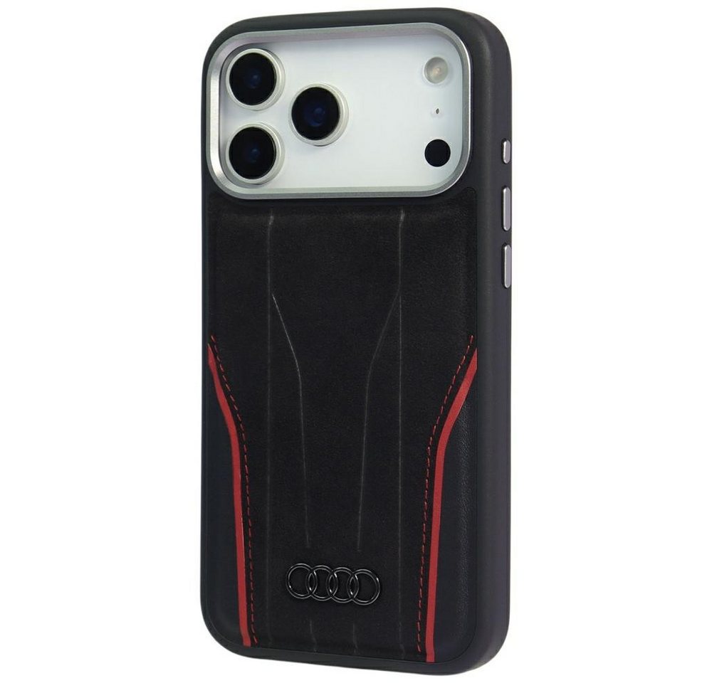 Audi Handyhülle iPhone 17 Pro Echtleder R8 MagSafe schwarz rot Logo Metall 6,3 Zoll, Kantenschutz Bild 4