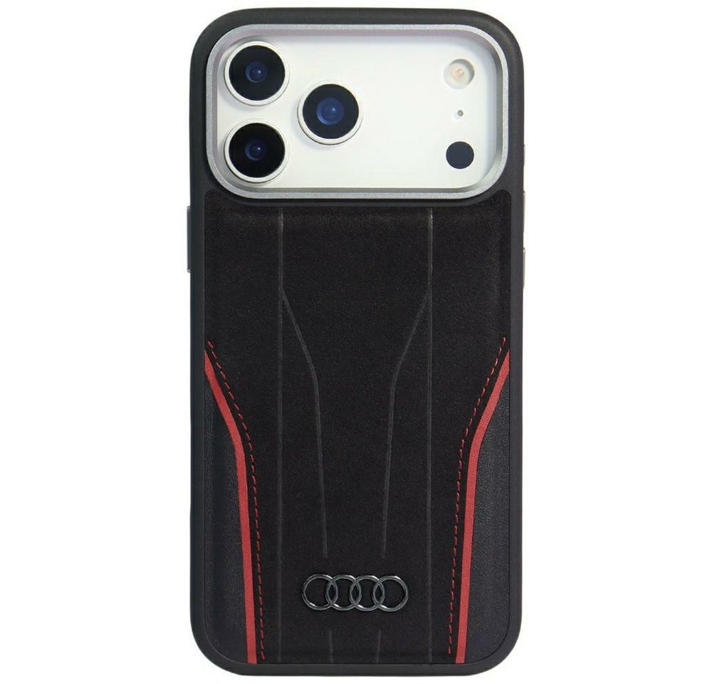 Audi Handyhülle iPhone 17 Pro Echtleder R8 MagSafe schwarz rot Logo Metall 6,3 Zoll, Kantenschutz Bild 5