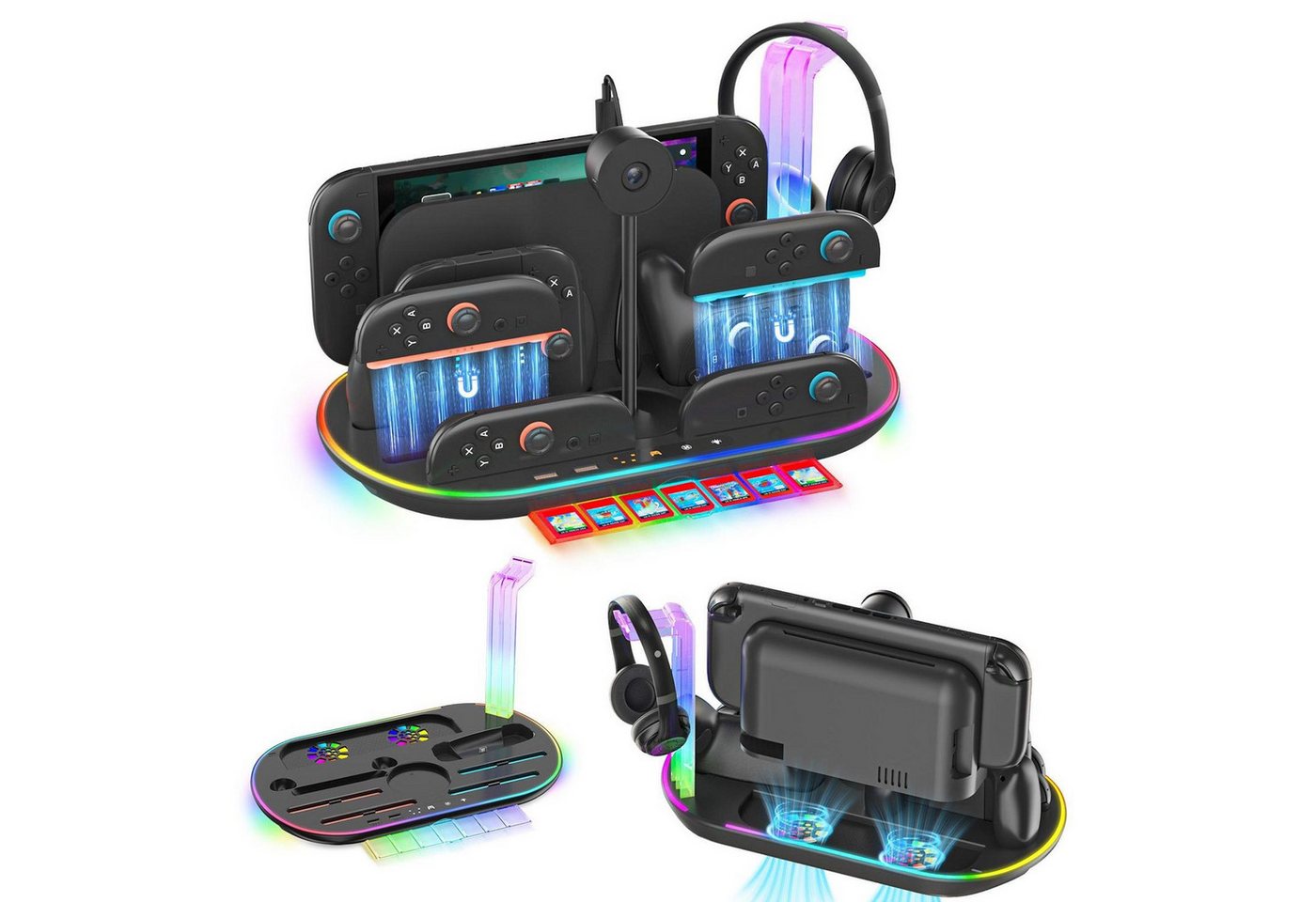 Wigento Für Nintendo Switch 2 RGB Licht Ladestation mit Kühlung Ablage Schwarz Stromadapter