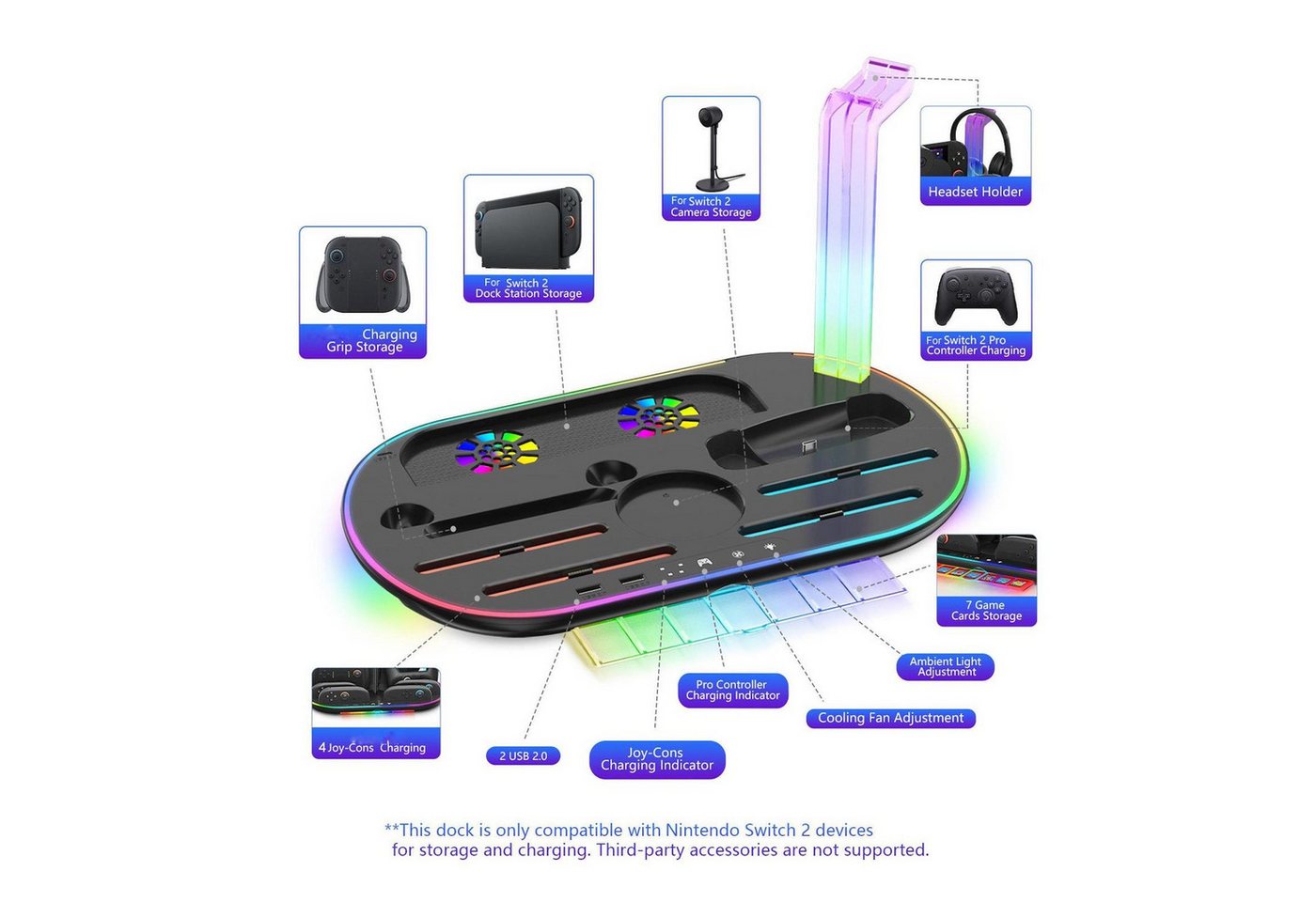 Wigento Für Nintendo Switch 2 RGB Licht Ladestation mit Kühlung Ablage Schwarz Stromadapter Bild 5
