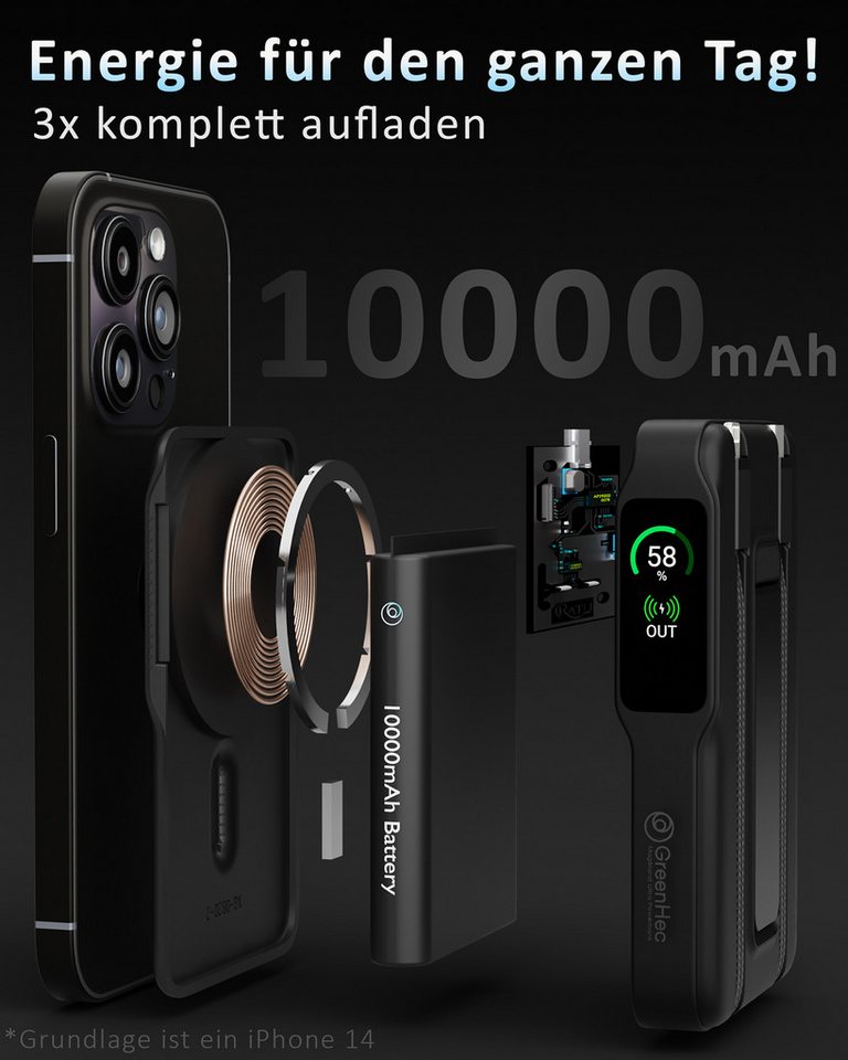 GreenHec MagSafe Powerbank iPhone 17 16 15 14 13 12 11 Magnet Wireless 10000mAh Powerbank GreenHec MagStand Ultra Powerbank A 10000 mAh (1.5 V), Pro Max Air Stand 15w Fast Induktives Laden Plus Akku Batterie Ständer Bild 4