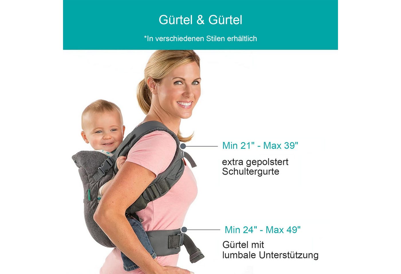HAUSS SPOLE Bauchtrage Neugeborene mit Schultern Babytragetuch Babytrage Einstellbar (Ergonomische atmungsaktive und vielseitig verstellbare Tragehilfe, 1-tlg., gemütlich leichtgewichtig 4 Trageoptionen verstellbarer Sitz), für Neugeborene und Kleinkinder (3–36 Monate) Bild 3