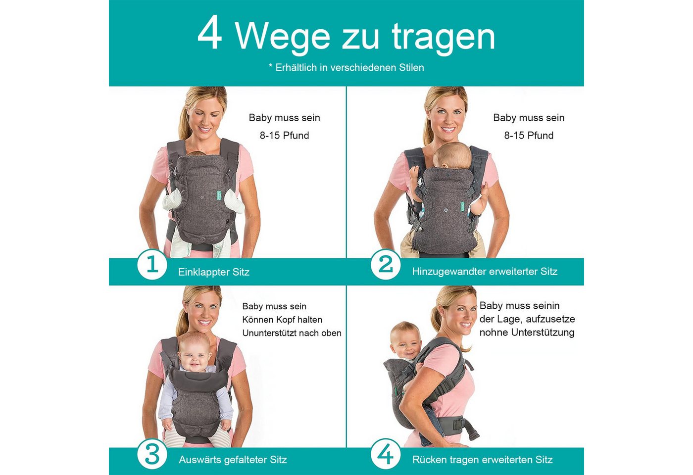 HAUSS SPOLE Bauchtrage Neugeborene mit Schultern Babytragetuch Babytrage Einstellbar (Ergonomische atmungsaktive und vielseitig verstellbare Tragehilfe, 1-tlg., gemütlich leichtgewichtig 4 Trageoptionen verstellbarer Sitz), für Neugeborene und Kleinkinder (3–36 Monate) Bild 5
