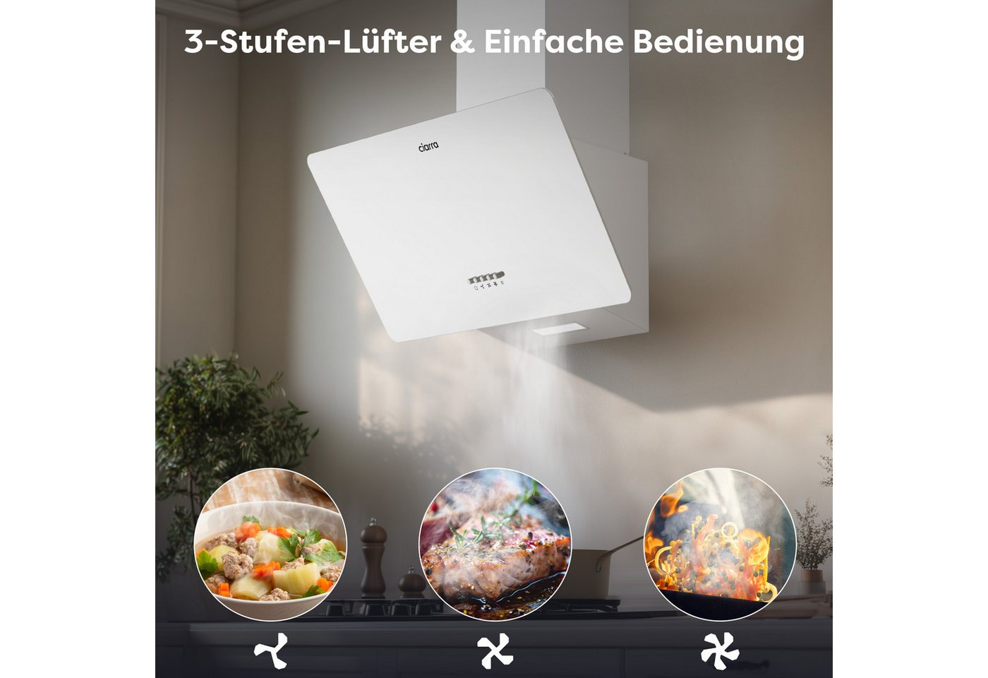 CIARRA Kopffreihaube 60cm 350m³/h Schräghaube Umluft & Abluft CAW6750 60cm 350m³/h Schräghaube Umluft & Abluft CAW6750, Dunstabzugshaube 60cm Kopffreie Abzugshaube 3 Stufen A Bild 4