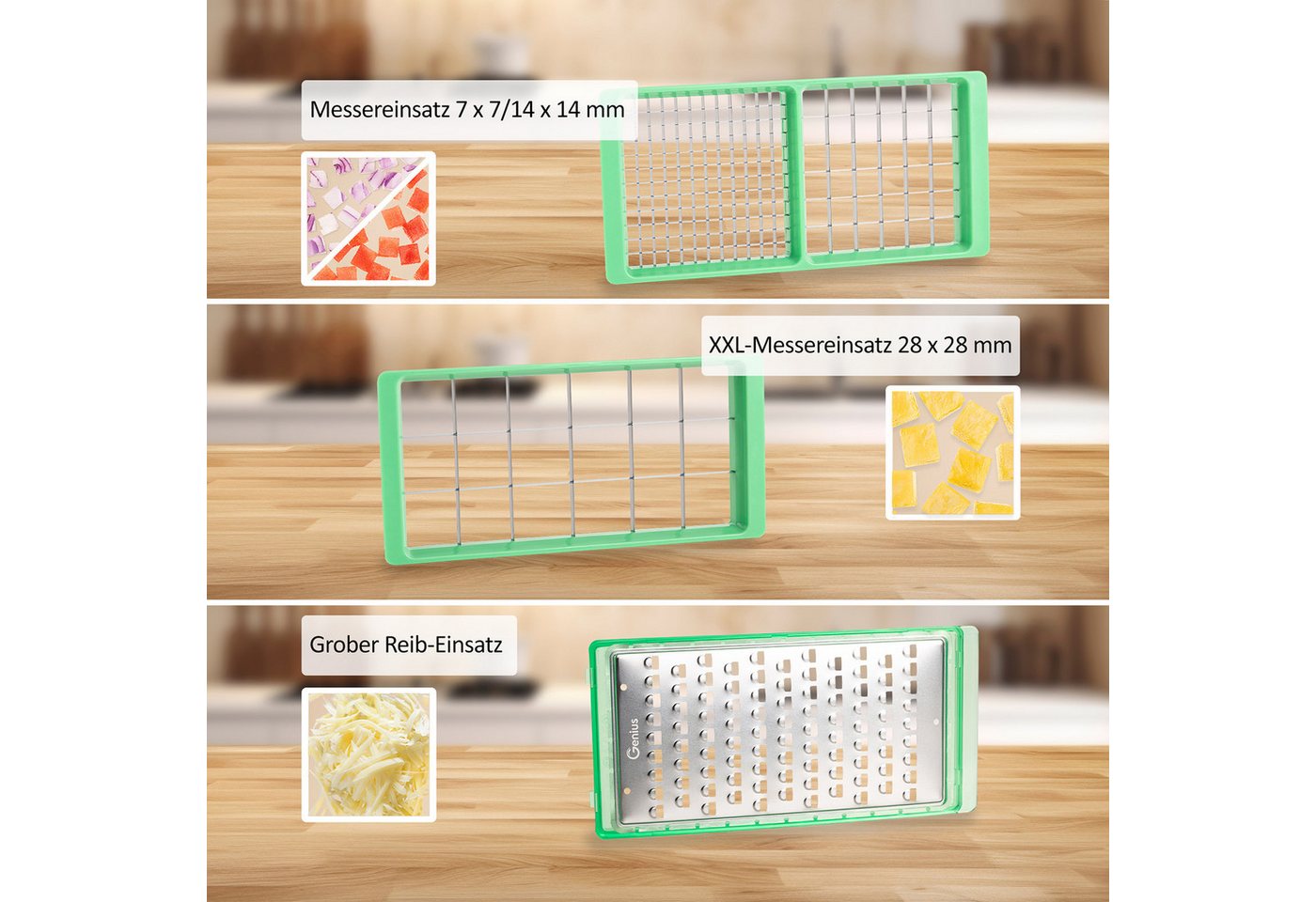 Genius Gemüseschneider Nicer Dicer Exclusive 30 tlg Gemüseschneider & Gemüse Hobel, Extra scharfe Edelstahl-Klingen, Multifunktional Bild 4
