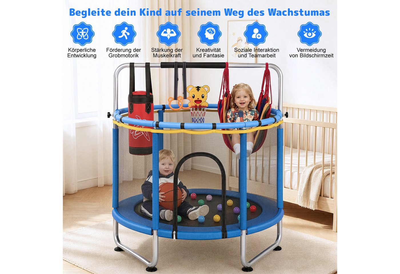 kehot Kindertrampolin Kinder Trampolin mit Sicherheitsnetz,Turnstange, Innen-/Außenbereich, Ø 140 cm, mit 10 kleine Bälle,2 Hängeringe,1 Basketballset,Schaukel,Sandsack