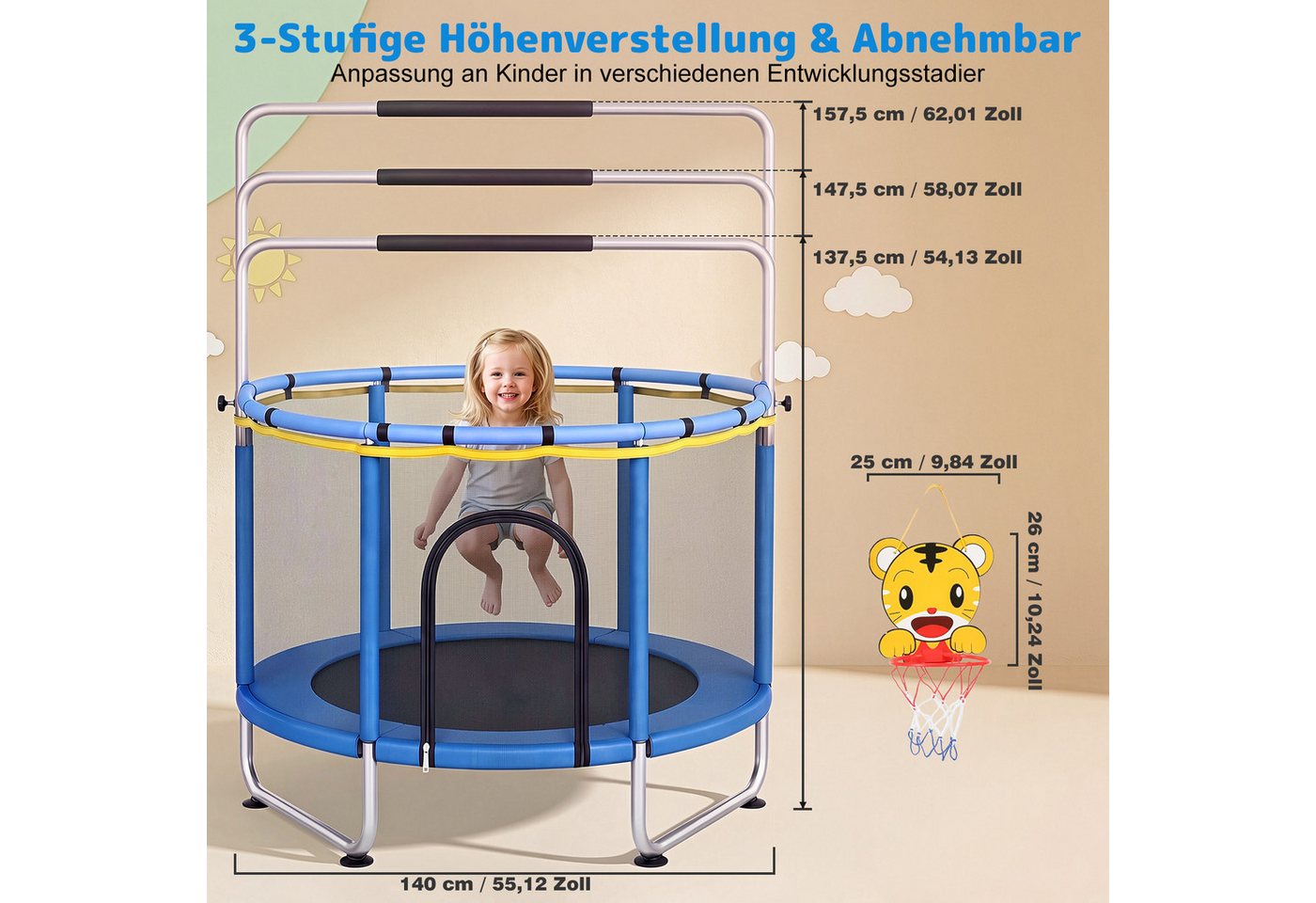 kehot Kindertrampolin Kinder Trampolin mit Sicherheitsnetz,Turnstange, Innen-/Außenbereich, Ø 140 cm, mit 10 kleine Bälle,2 Hängeringe,1 Basketballset,Schaukel,Sandsack Bild 3