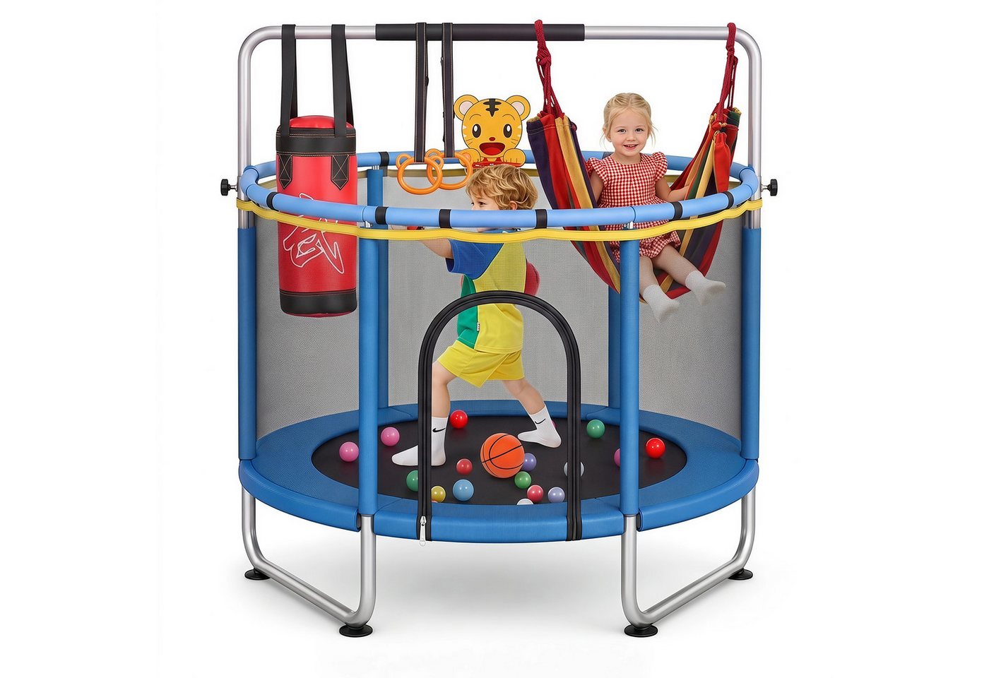 kehot Kindertrampolin Kinder Trampolin mit Sicherheitsnetz,Turnstange, Innen-/Außenbereich, Ø 140 cm, mit 10 kleine Bälle,2 Hängeringe,1 Basketballset,Schaukel,Sandsack Bild 4