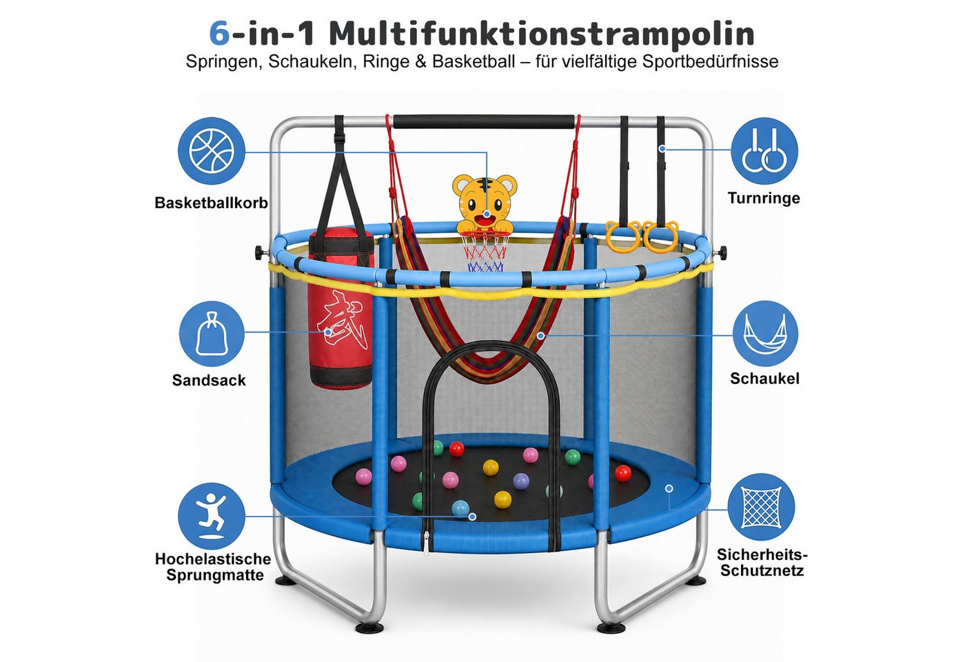 kehot Kindertrampolin Kinder Trampolin mit Sicherheitsnetz,Turnstange, Innen-/Außenbereich, Ø 140 cm, mit 10 kleine Bälle,2 Hängeringe,1 Basketballset,Schaukel,Sandsack Bild 5