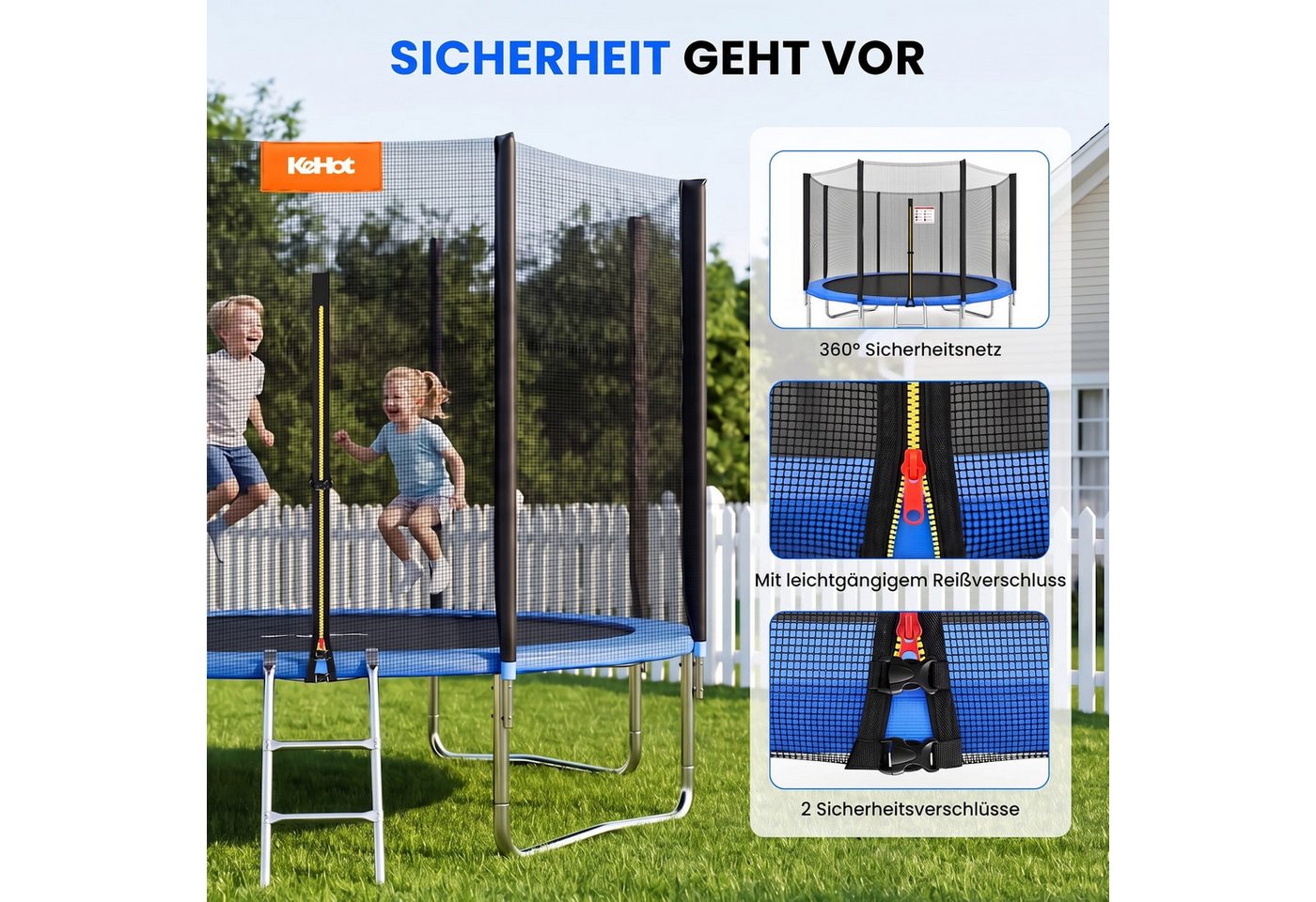 kehot Kindertrampolin Kinder Trampolin mit Sicherheitsnetz,Turnstange, Innen-/Außenbereich, Ø 305 cm, Stabil bis 150 kg für aktiven Spielspaß und gemeinsames Springen