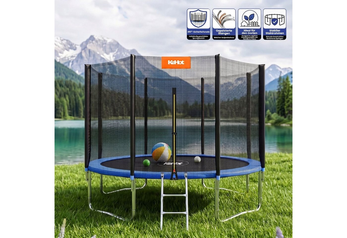 kehot Kindertrampolin Kinder Trampolin mit Sicherheitsnetz,Turnstange, Innen-/Außenbereich, Ø 305 cm, Stabil bis 150 kg für aktiven Spielspaß und gemeinsames Springen Bild 4