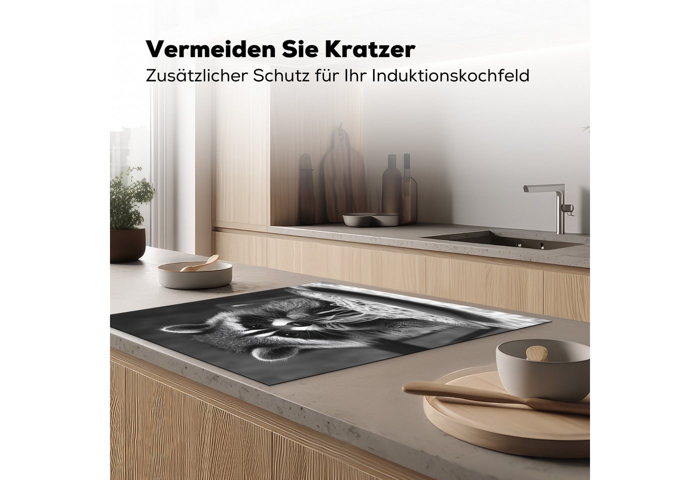 MuchoWow Herd-Abdeckplatte Waschbär - Niedlich - Pasta - Tischtuch - Schwarz - Weiß, Vinyl, (1 tlg), Cerankochfeld Abdeckung, Herd Abdeckplatten Vinyl, 58x59 cm
