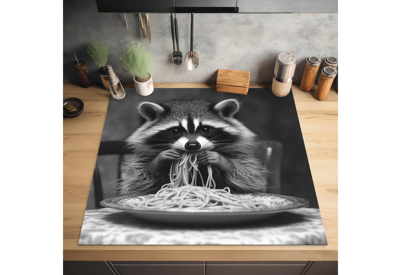 MuchoWow Herd-Abdeckplatte Waschbär - Niedlich - Pasta - Tischtuch - Schwarz - Weiß, Vinyl, (1 tlg), Cerankochfeld Abdeckung, Herd Abdeckplatten Vinyl, 58x59 cm Bild 2