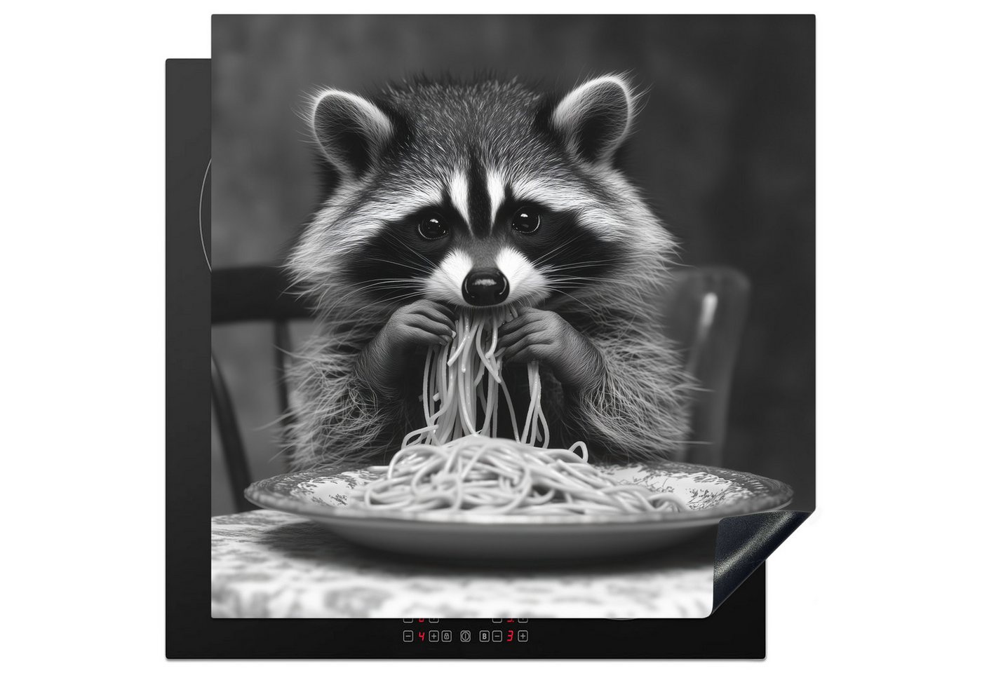 MuchoWow Herd-Abdeckplatte Waschbär - Niedlich - Pasta - Tischtuch - Schwarz - Weiß, Vinyl, (1 tlg), Cerankochfeld Abdeckung, Herd Abdeckplatten Vinyl, 58x59 cm Bild 3