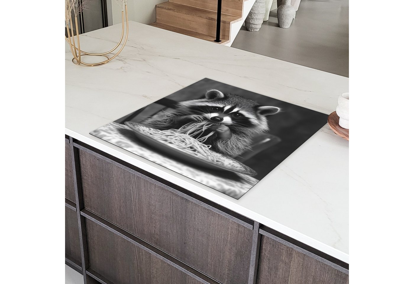 MuchoWow Herd-Abdeckplatte Waschbär - Niedlich - Pasta - Tischtuch - Schwarz - Weiß, Vinyl, (1 tlg), Cerankochfeld Abdeckung, Herd Abdeckplatten Vinyl, 58x59 cm Bild 5