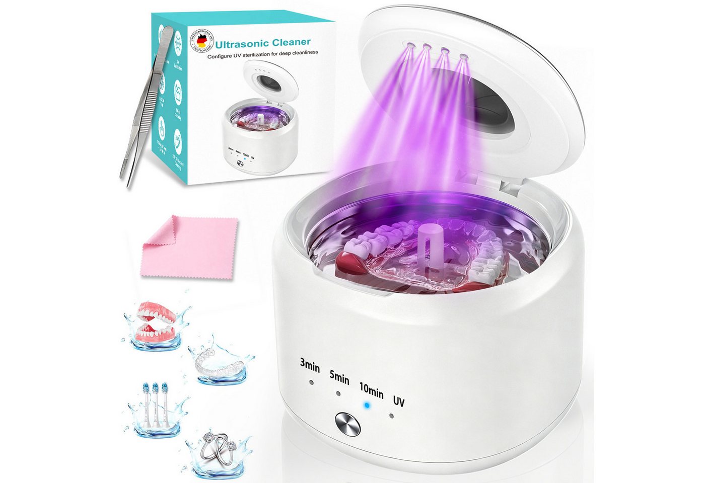 SWGOTA Ultraschallreiniger Ultraschallreinigungsgerät 45000Hz 200ml Tank für Zuhause Büro, 4 Modi UV 254nm Reinigung leise unter 35dB 290g kompakt